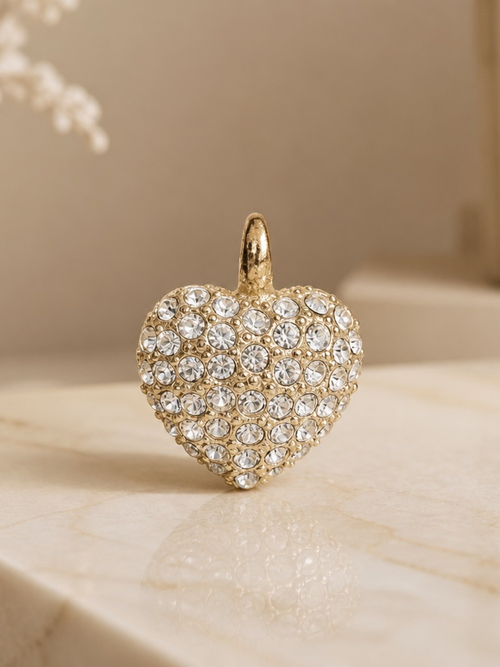 Gold Tone Crystal Heart Pendant Necklace Charm Double Sided